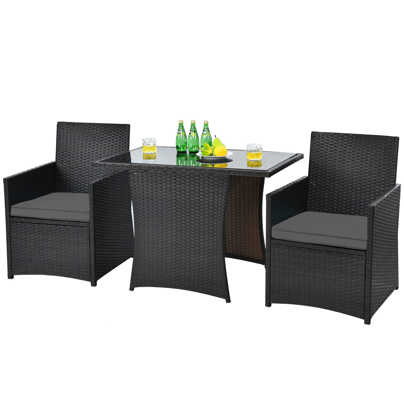 Happygrill 3 Piece Outdoor Wicker Bistro Set Pe Rattan Dining Table Set With Cushioned Chairs, Patio Conversation Set For Backyard Porch Garden And Poolside