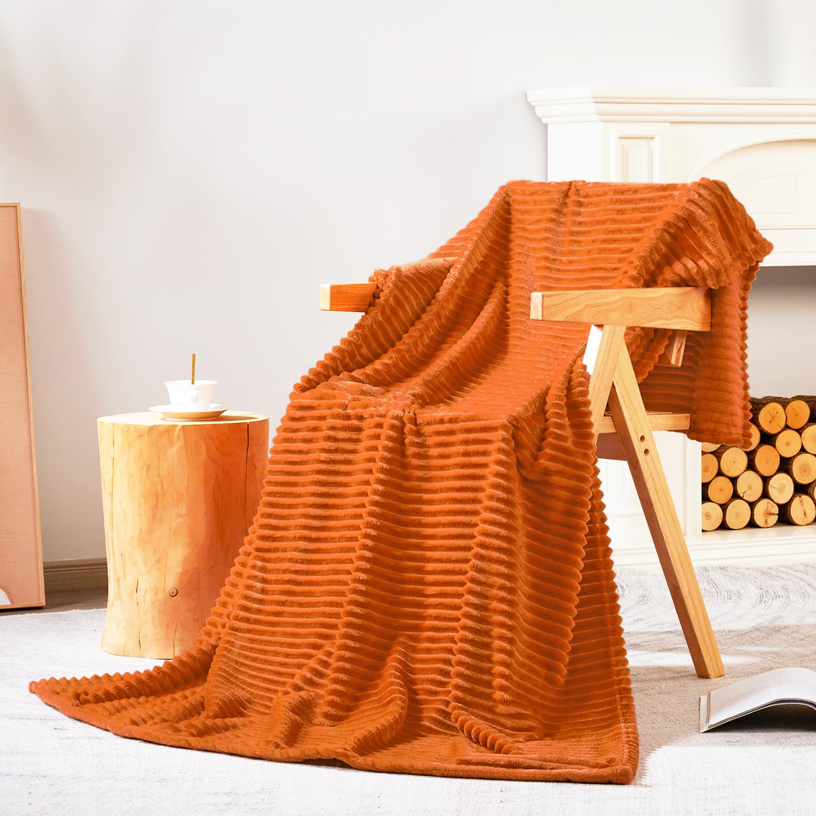 Bnuitland Burnt Orange Flannel Throw (50X71 Inches) With Throw Pillow Cover(18  18''),300Gsm Super Soft Fleece Stripe Pattern So