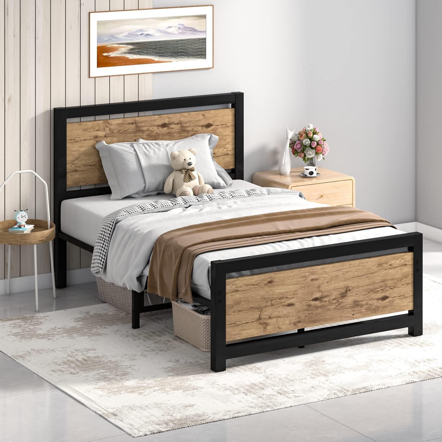 Catrimown Twin Bed Frames with Wood Headboard, Metal Twin Bed Frame with Strong Steel Slat Support, Heavy Duty Platform Bed, Und