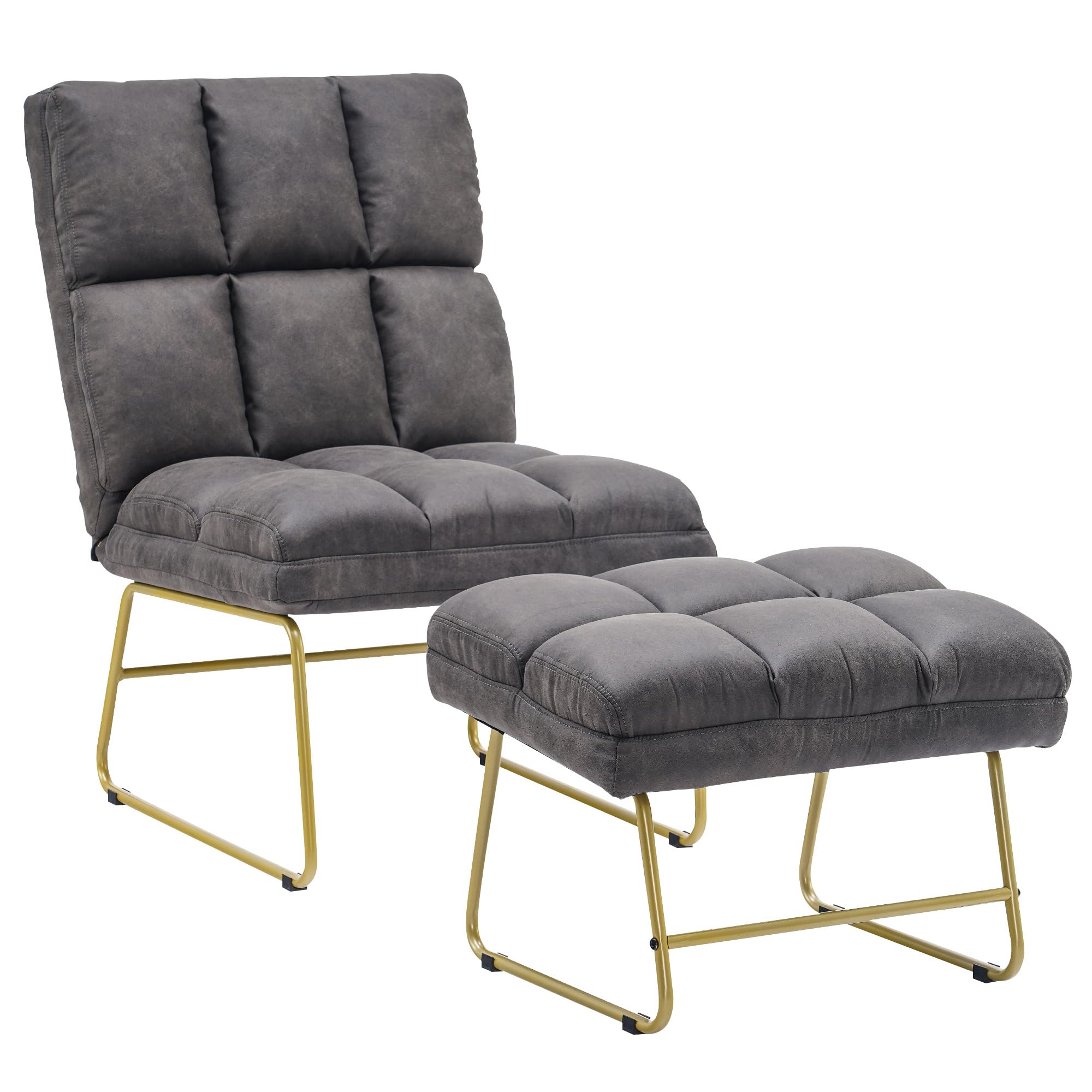 Mcombo Accent Chair With Ottoman Set, Modern Armless Chair For Living Room, Bedroom, Small Space 4013 (Heat-Stamped Fabric, Grey