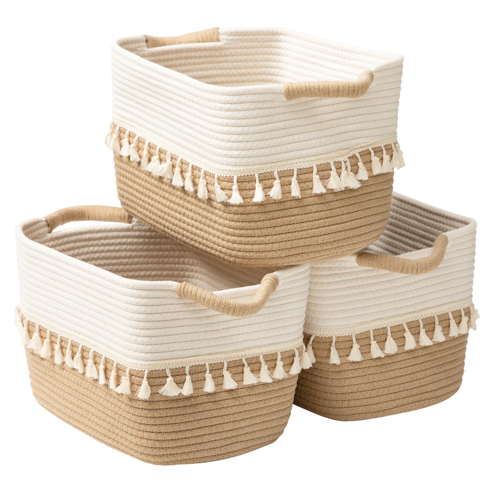 TeoKJ Woven Storage Bin Set of 3, Cotton Rope Basket for Storage, Clothes Boho Basket Bin for Organizing, Fabric Basket for Book