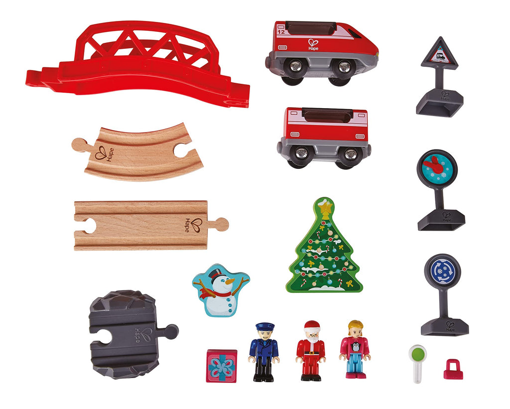 Hape 24 Piece Wooden Christmas Advent Calendar Train Station Set With Decorated Depot Backdrop For Kids, Teens, And Adults, Mult