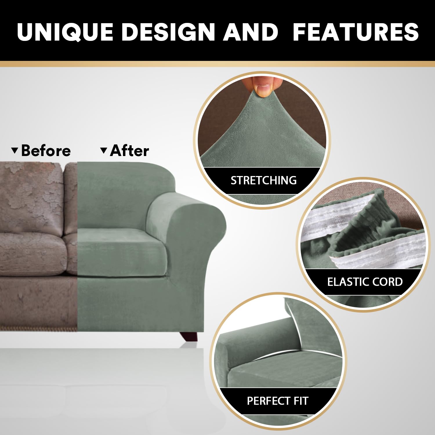 Princedeco 4 Pieces Couch Covers Velvet Couch Covers For 3 Cushion Sofa Soft Furniture Protector With Non Slip Elastic Bottom Washable Couch Covers Width Up To 90 Inch(Large, Seagrass)