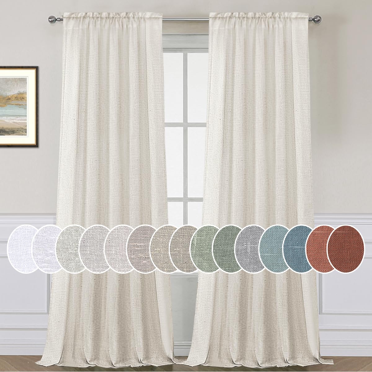 H.Versailtex Natural Linen Curtains 108 Inches Long For Living Room 2 Panels Rod Pocket Draperies Soft Cotton Textured Semi Shee