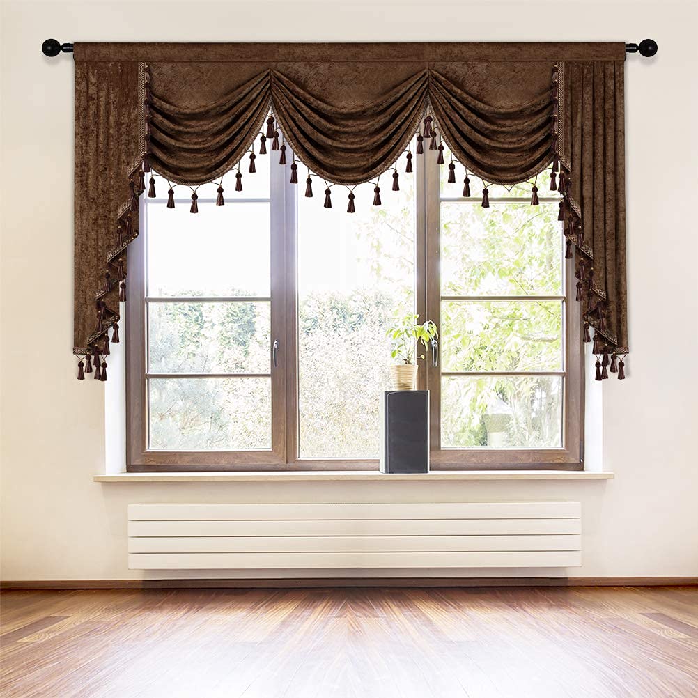 Elkca Thick Chenille Window Curtains Valance For Living Room Chocolate Waterfall Valance For Bedroom,Rod Pocket (W98, 1Panel)