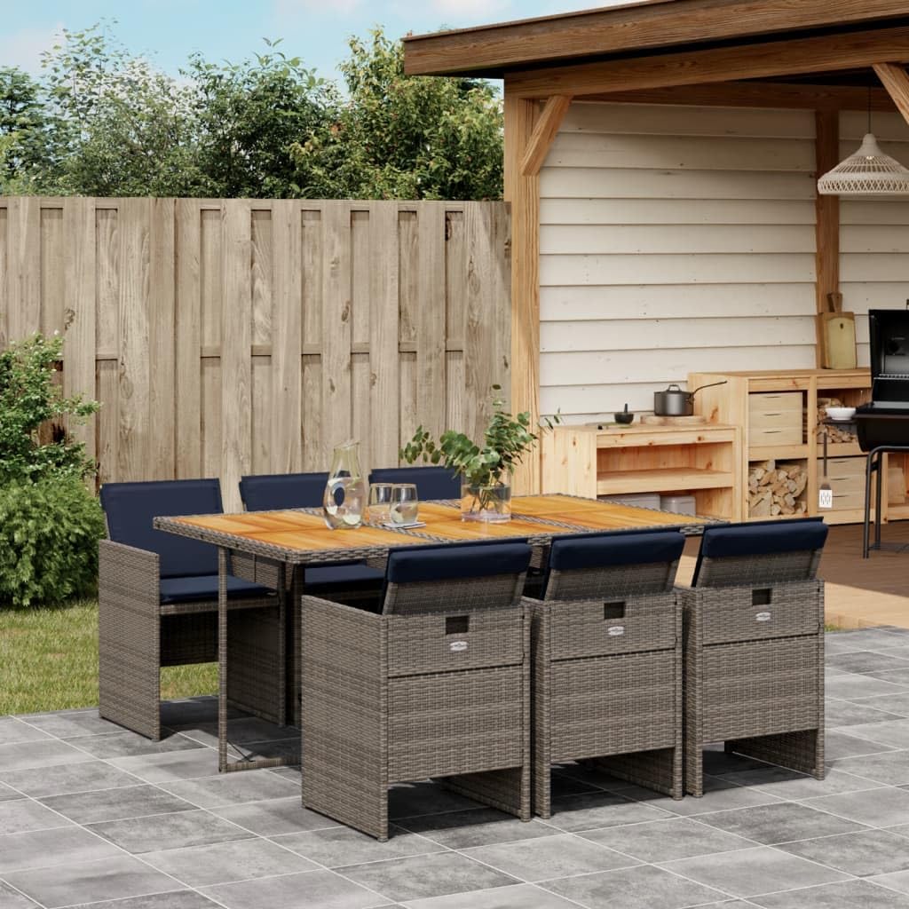 vidaXL Patio Dining Set with Cushions - 7 Piece Gray Poly Rattan Garden Furniture - Compact Storage - Comfortable Seating