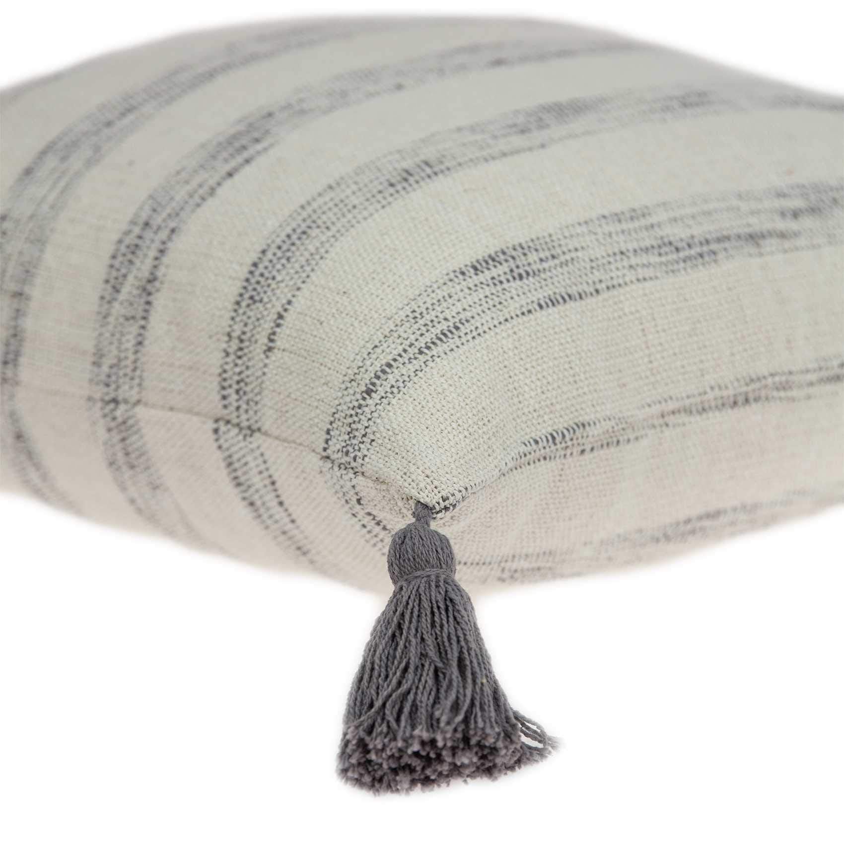 HomeRoots 100% Cotton Parkland Collection Seema Transitional Beige Printed Striped Tassel Pillow Cover