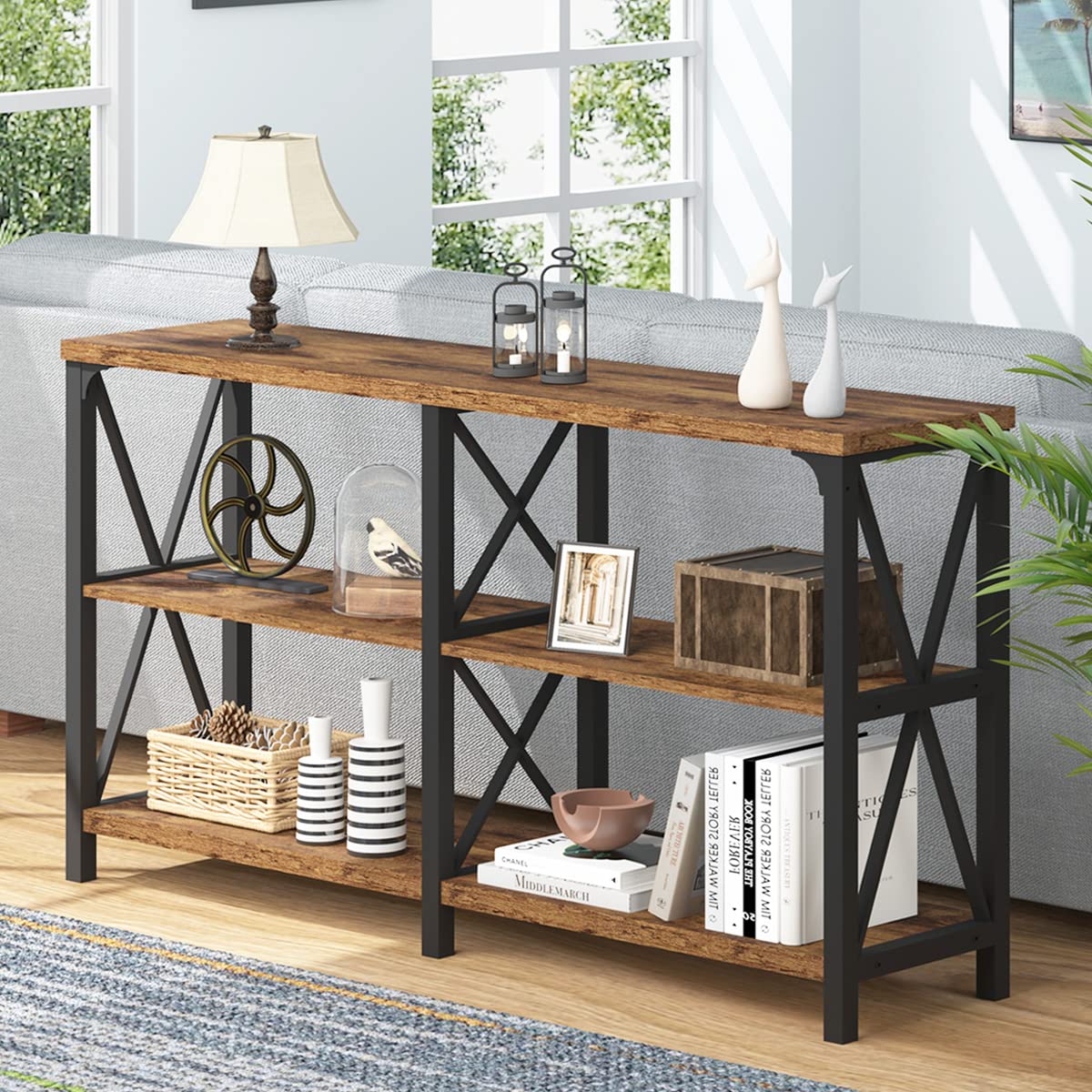 IBF Rustic Console Table for Entryway, Farmhouse Wood Sofa Table with Storage, Industrial Open Entry Table for Hallway, Modern F