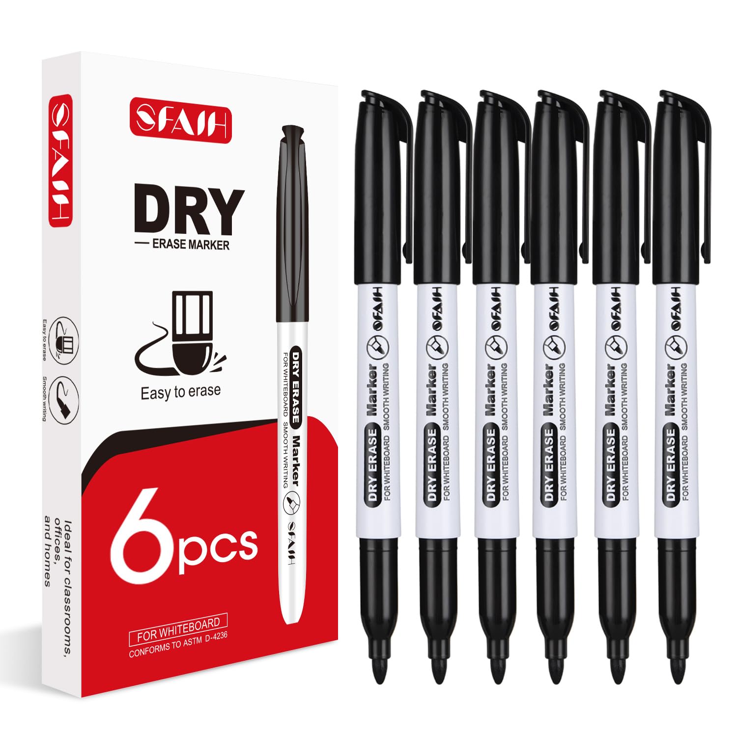 Sfaih Dry Erase Markers Fine Tip - 6 Pack Whiteboard Markers Dry Erase For Kids Adult Low Odor, Black Dry Erase Markers Fine Poi