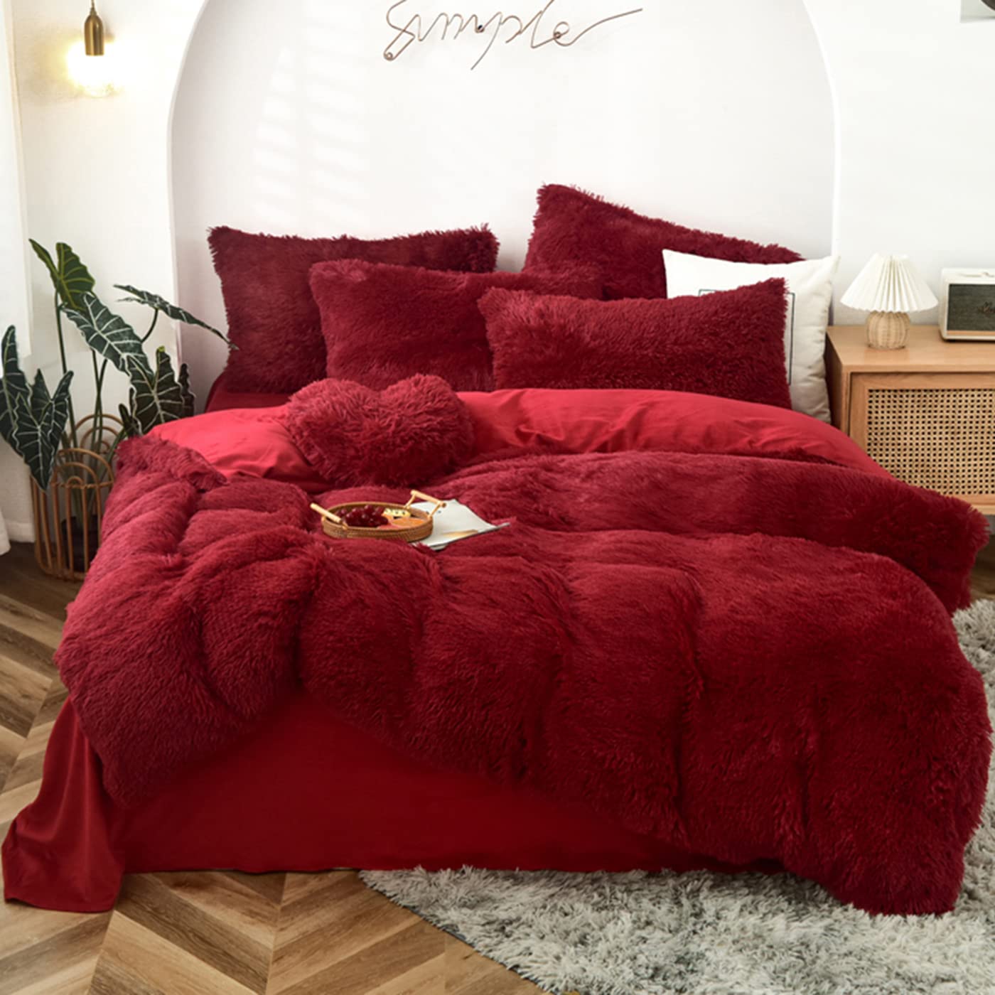 Morromorn 5 Pcs Shaggy Duvet Cover Bedding Set - Fluffy Comforter Cover Long Faux Fur Luxury Ultra Soft Cozy (Dark Red, King/Cal