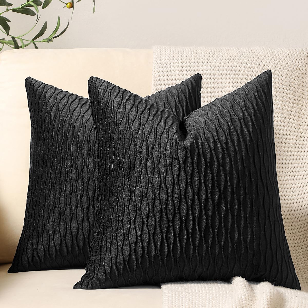 Dezene Black Striped Decorative Pillow Covers: 2 Pack 20X20 Inch Original Velvet Square Throw Pillow Cases For Farmhouse Couch