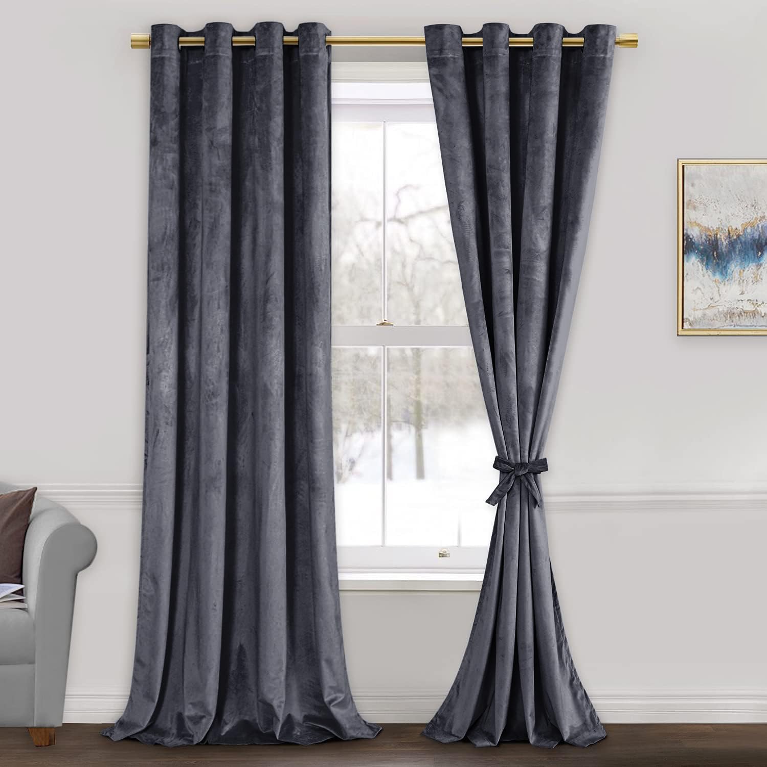 Jiuzhen Dark Grey Velvet Curtains 96 Inches Blackout Curtains For Living Room - Privacy Protect Room Darkening Grommet Thick Vel