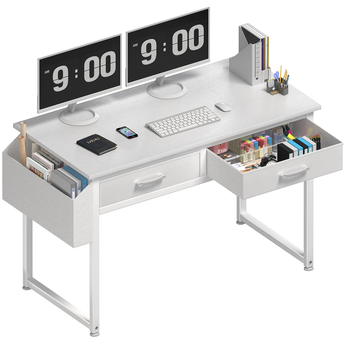 Dlisiting White Computer Desk With Fabric Drawers For Home Office Bedroom, 40 Inch Small Vanity Make Up Desk With Drawer, Study Writing Table, White