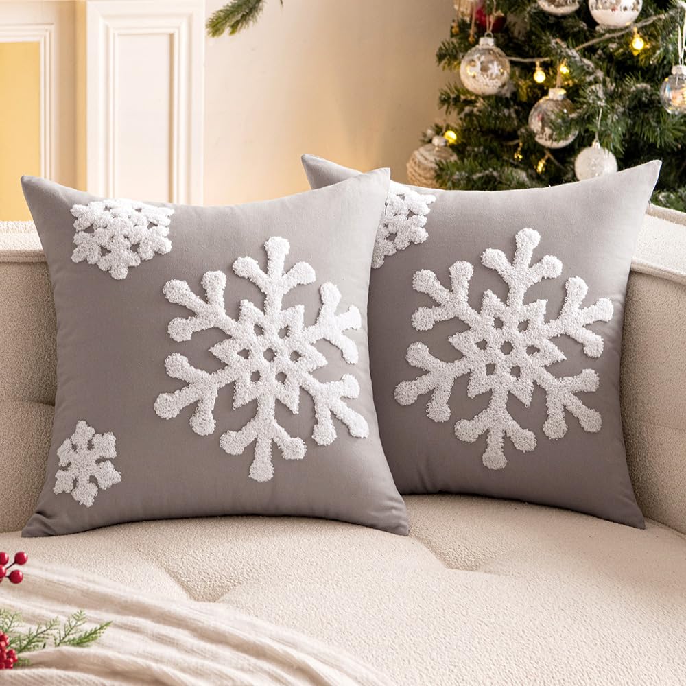 Woaboy Pack Of 2 Christmas Grey Throw Pillow Covers Decorative Snowflake Embroidery Couch Pillows Canvas Cushion Cases Holiday H