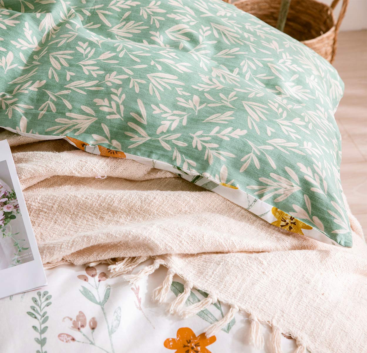 Sleepbella Twin Size Comforter Set Yellow Flowers & Green Botanical Pattern Printed On White 100% Cotton Fabric, Ultra Soft Micr