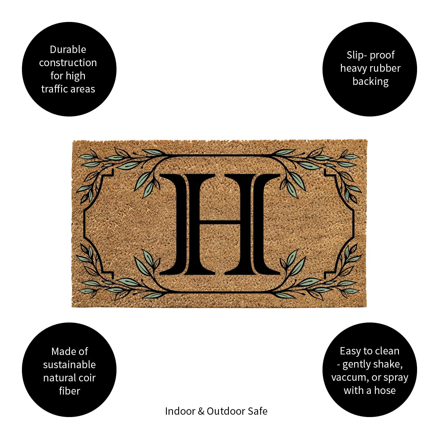 Evergreen Monogram Coir Doormat | Letter H | Front Door Mat For Outdoor Indoor Entrance | 28X16 Inches | Non-Slip Backing Doorwa