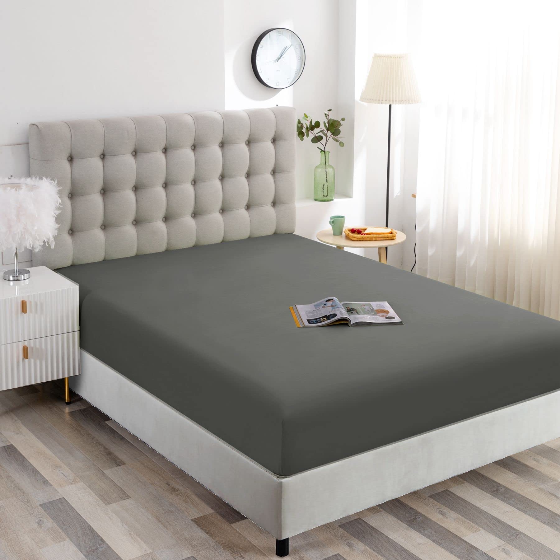 Ghooss Full Size Fitted Sheet Soft,Single Fitted Deep Pocket Sheet,Wrinkle,Fade And Stain Resistant,1 Pack,Dark Gray