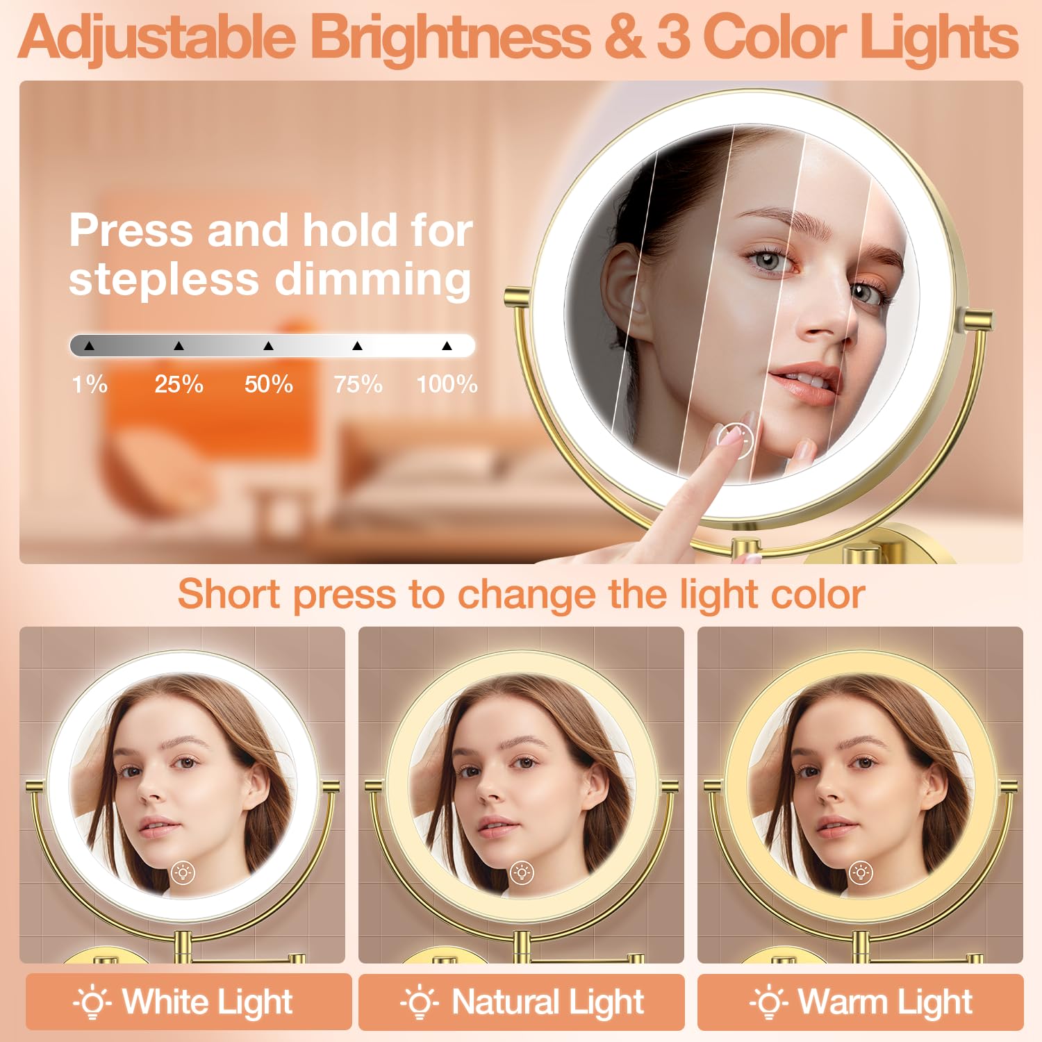 Benbilry 9    Wall Mounted Lighted Makeup Vanity Mirror With 3 Color Dimmable Lights, Super Large 1X/10X Magnifying Double Sided