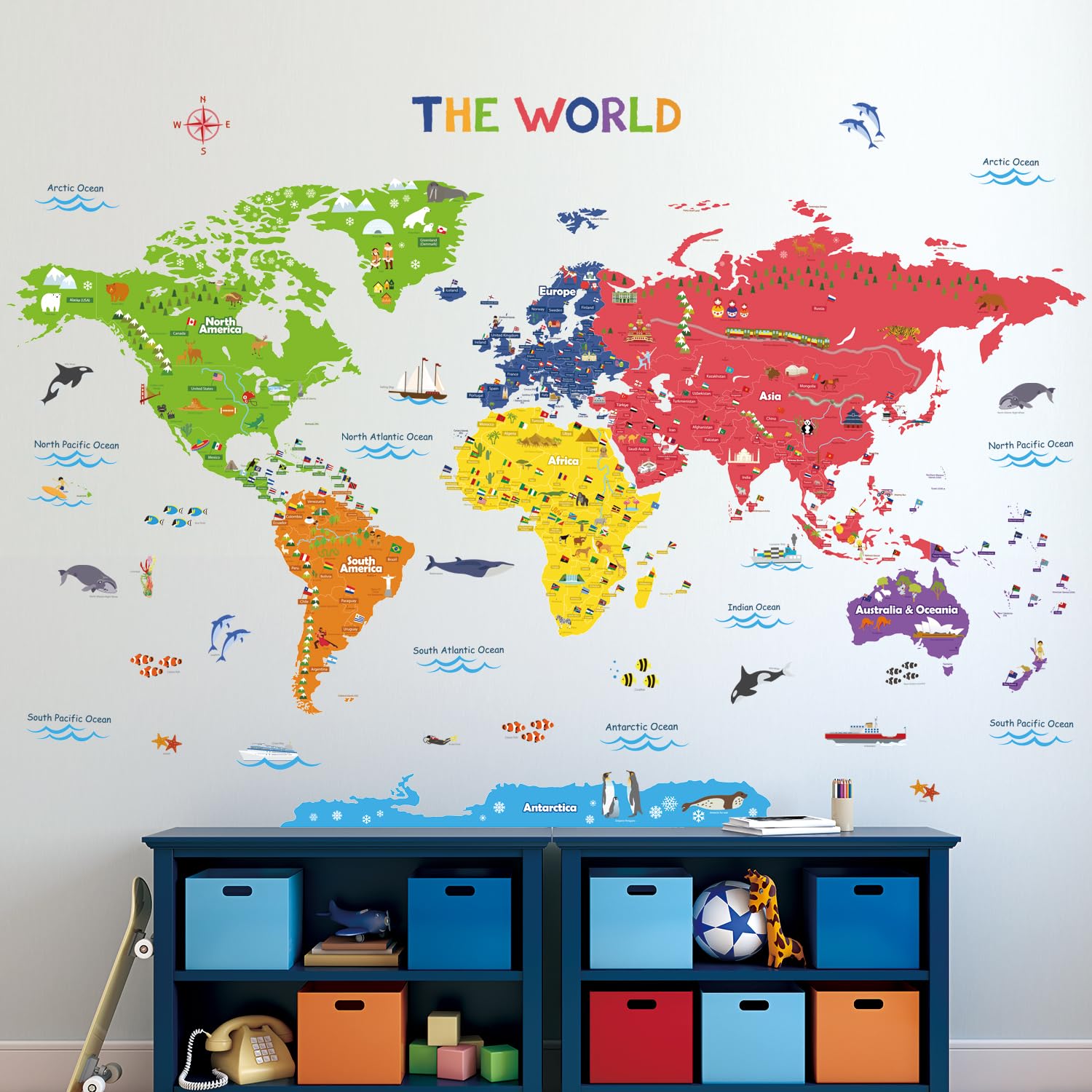 Decowall Dl3-2212 Xlarge World Map Kids Wall Stickers (59X40 Inch) Decals Peel And Stick Removable For Nursery Bedroom Living Ro