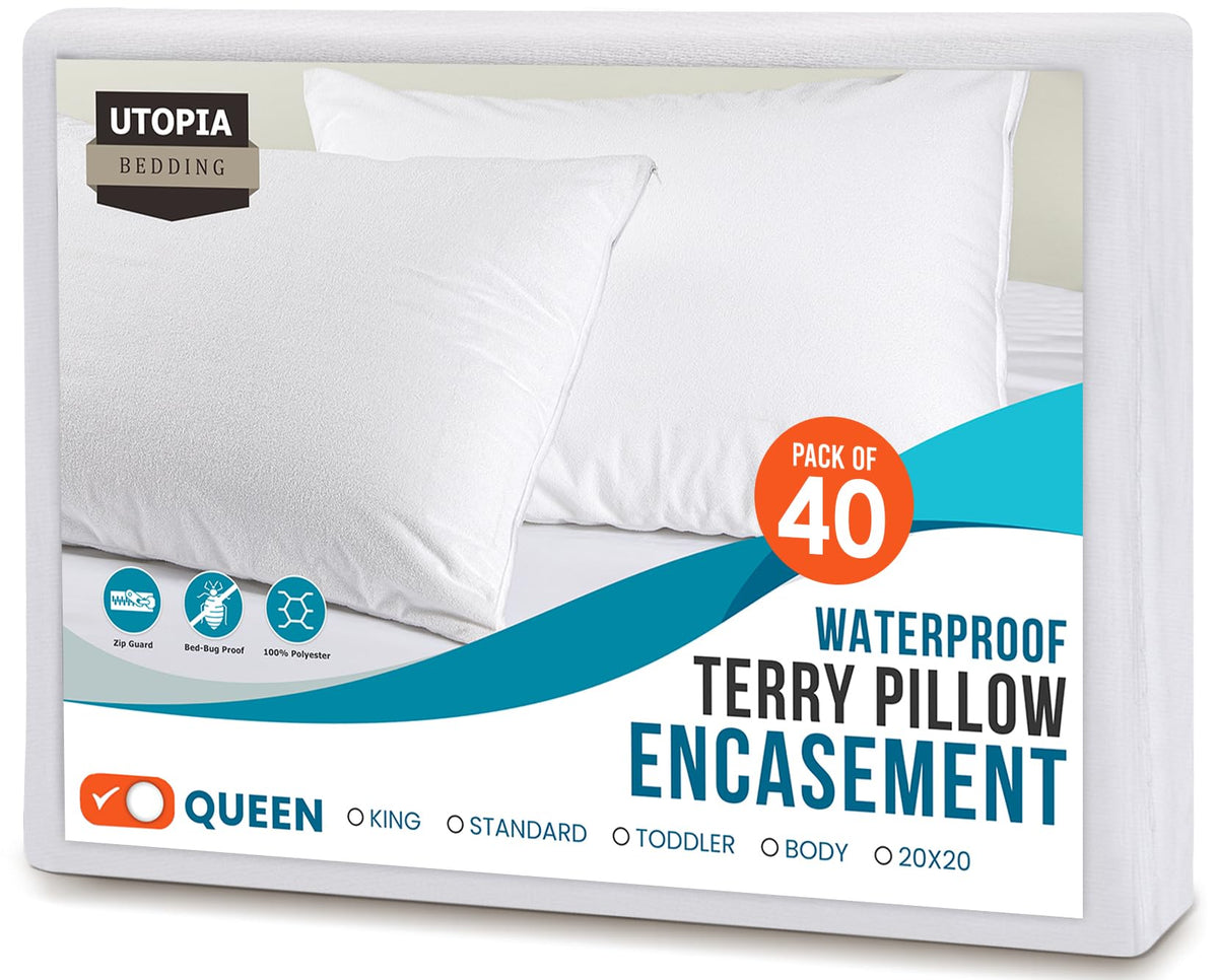 Utopia Bedding Waterproof Pillow Protectors With Zipper Queen Size (Pack Of 40, White), Terry Pillow Covers