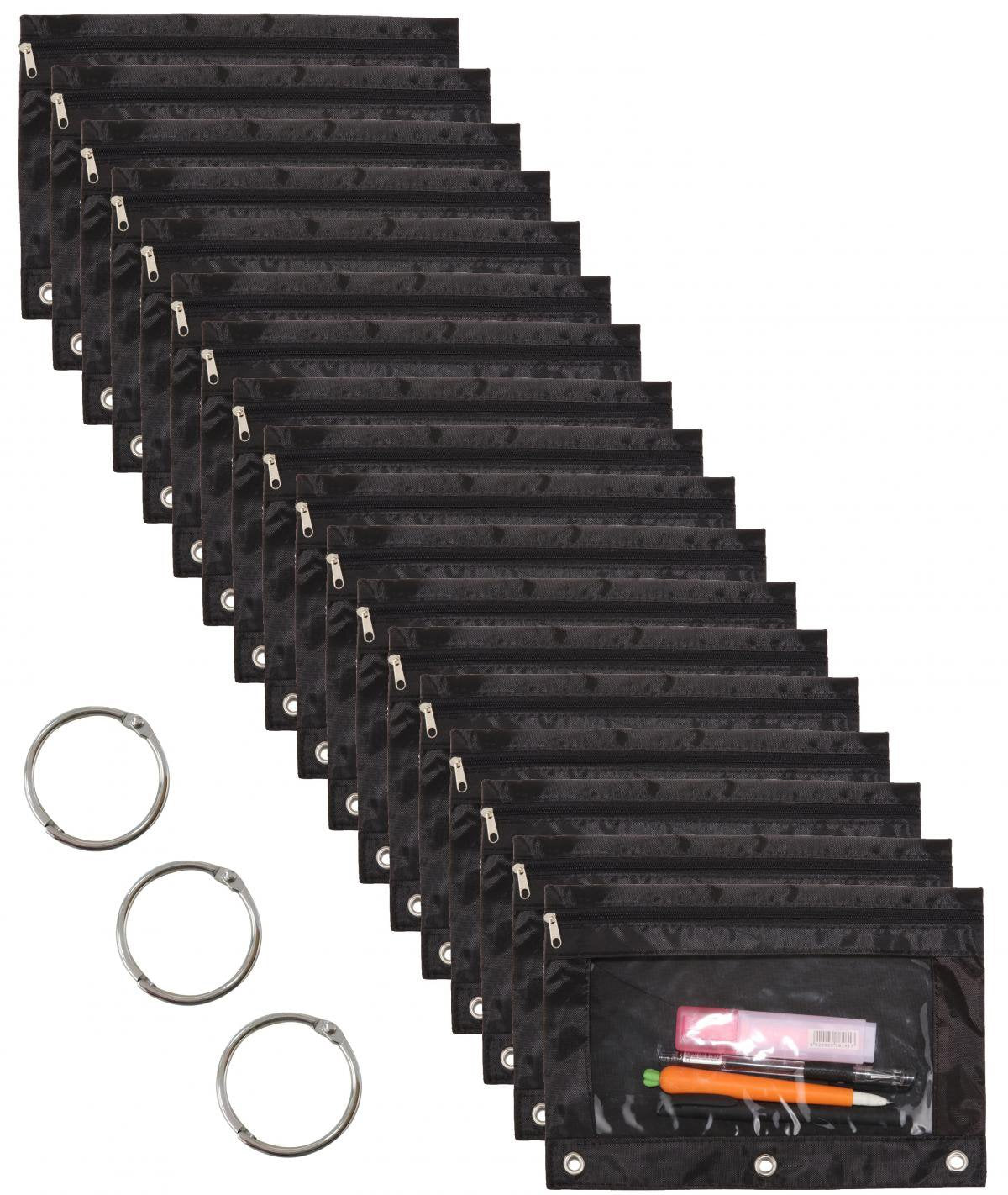 Wodison 18-Packs 3 Ring Pencil Pouch With Clear Window School Classroom Binder Pocket Case Office Stationery Bag Black