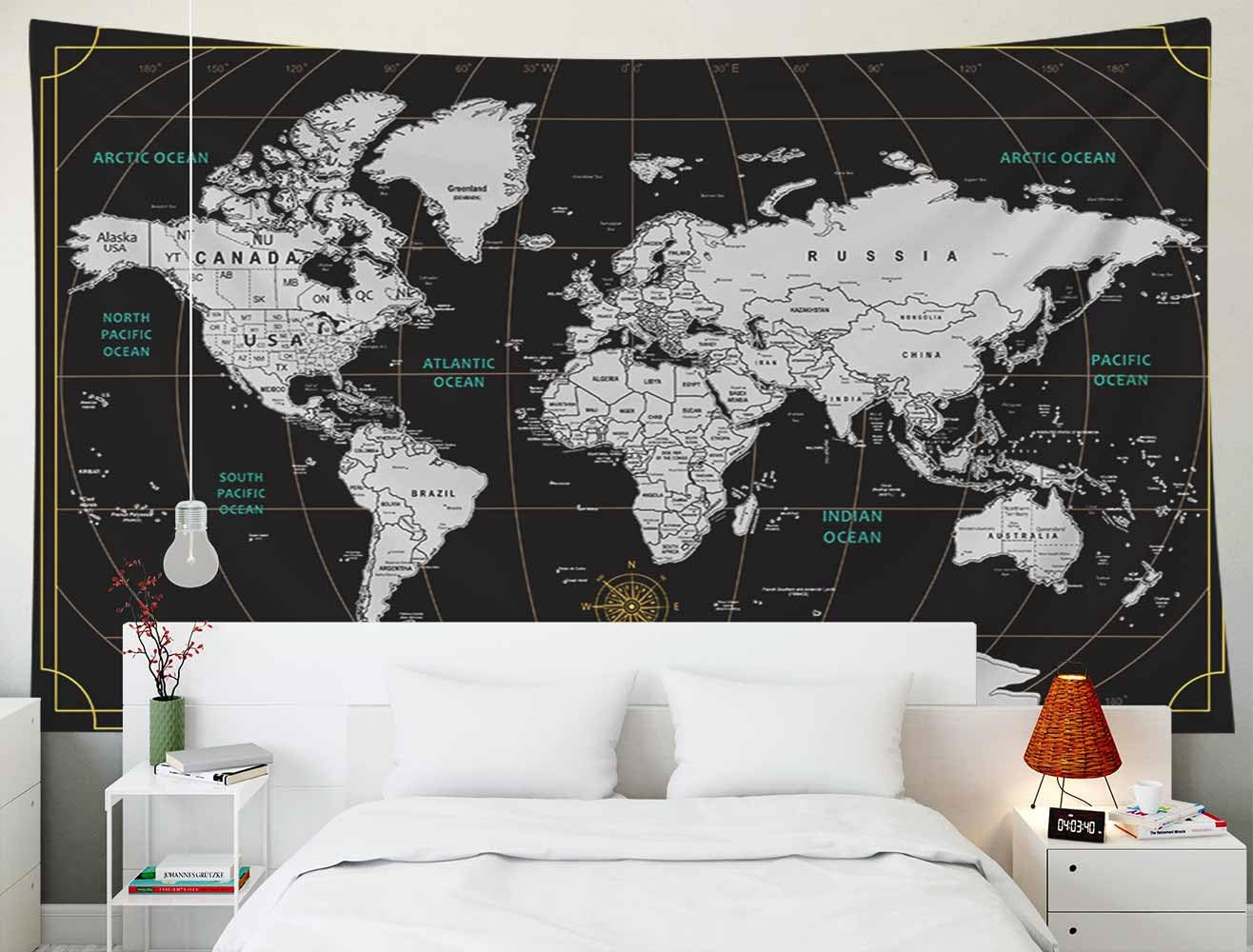 Capsceoll World Map Tapestry Wall Hanging Black White Tapestry Home D  Cor For Home 40X30 Inch Map For Kids Room Wall Art