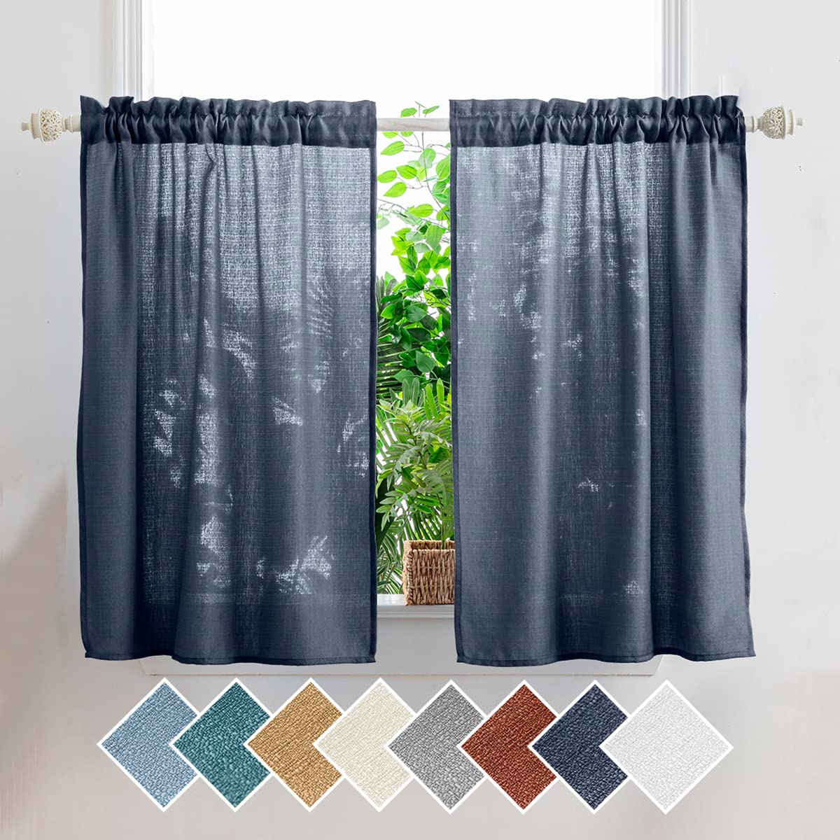 Yancorp Navy Kitchen Tier Curtains 24 inches Length Linen Textured Short Curtains Farmhouse Cafe Curtains Small Window for Bathr