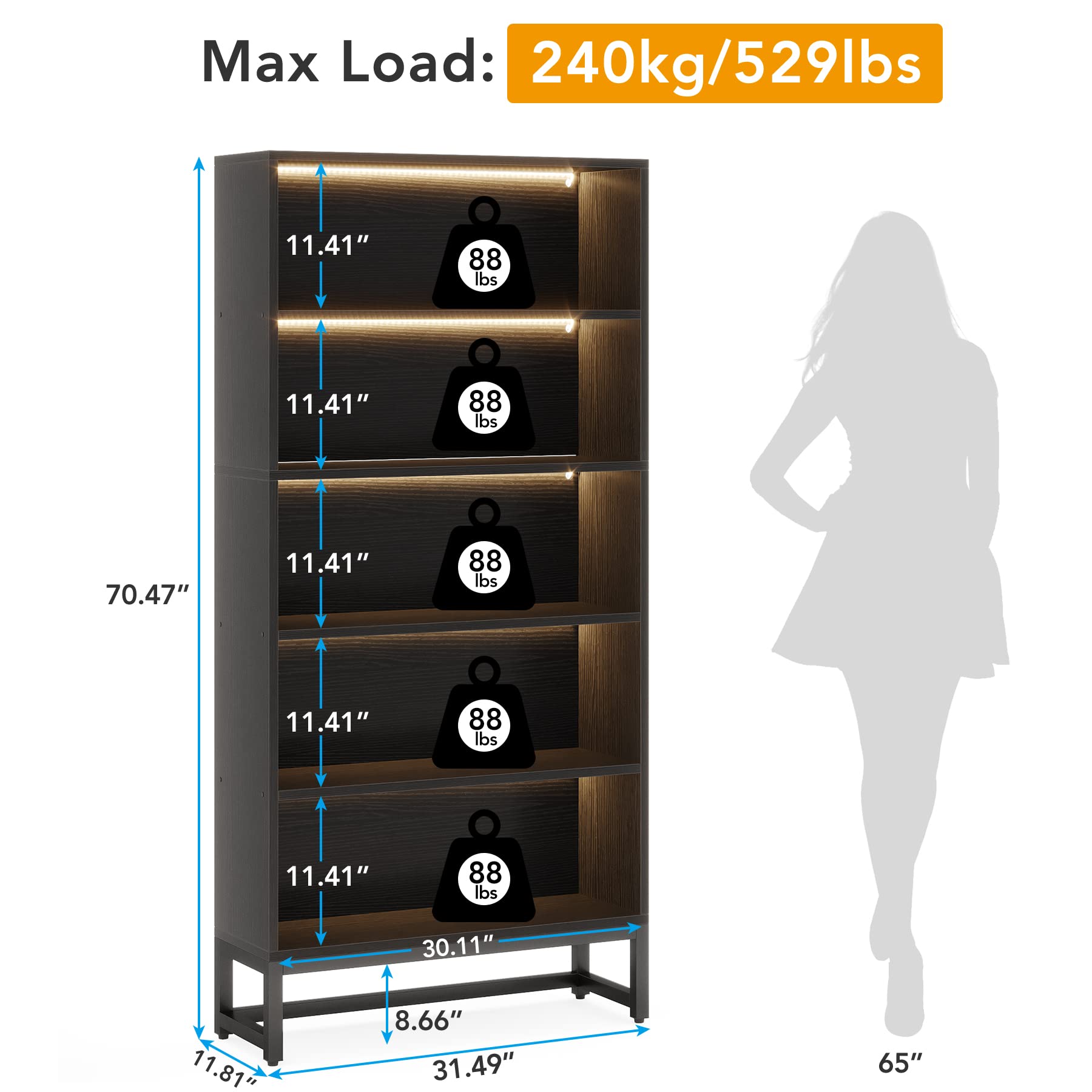 Tribesigns Tall Bookcase Black Bookshelf, 70.8” Large Bookcases Organizer With Led Lights, Heavy Duty Free-Standing Library Bookshelf With 5-Tier Storage Shelves For Living Room, Bedroom (Black)