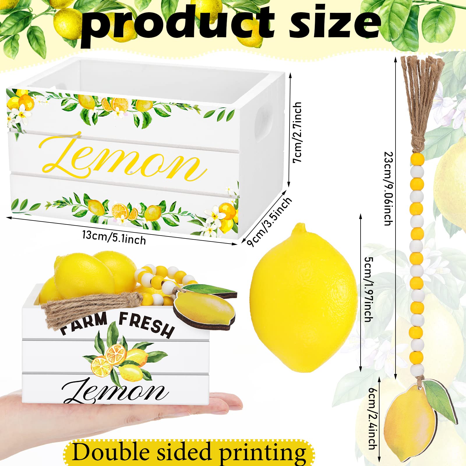 Lemon Mini Crate Summer Tiered Tray Decor With 8 Faux Lemons With Wood Bead Tassel Farmhouse Lemonade Kitchen Decorations Summer