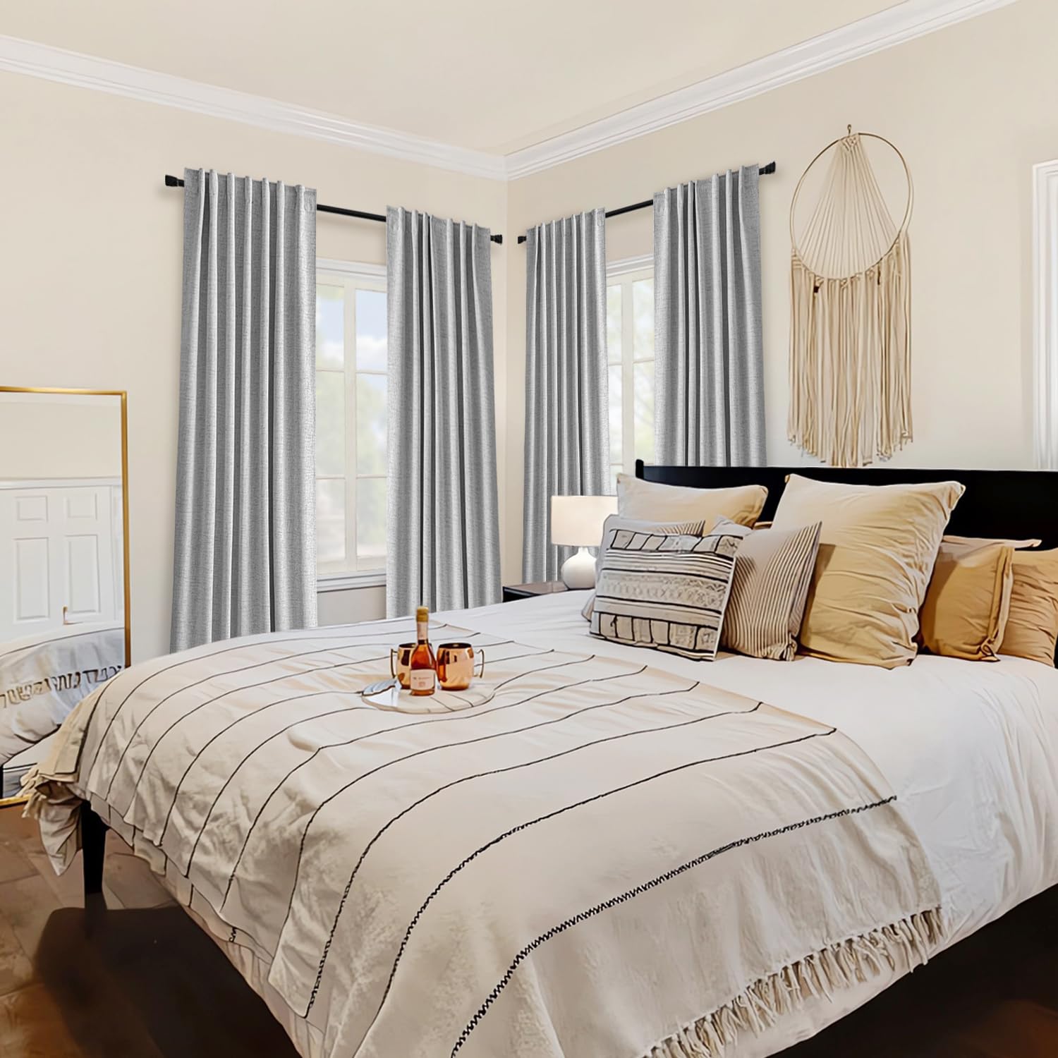 Miulee 100% Blackout Curtains 90 Inches Long Linen Curtains & Drapes For Bedroom Back Tab Living Room Darkening Full Black Out Window Curtain Panels Rod Pocket, Light Grey, 2 Panels Set