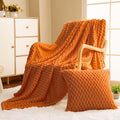Vessia Flannel Fleece Throw Blanket(50X71Inch) With Pillow Cover(18X18Inch), 3D Jacquard Burnt Orange Fuzzy Fall Blanket For Cou