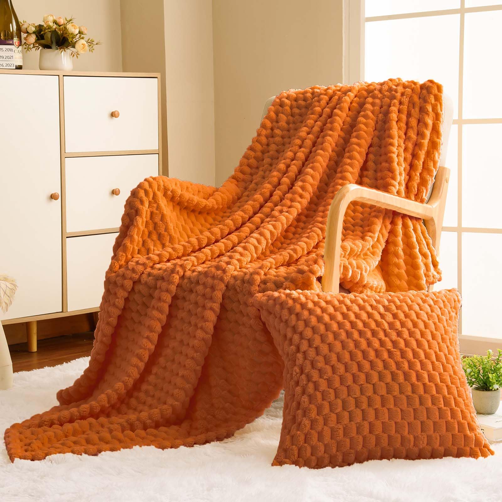 Vessia Flannel Fleece Throw Blanket(50X71Inch) With Pillow Cover(18X18Inch), 3D Jacquard Burnt Orange Fuzzy Fall Blanket For Cou