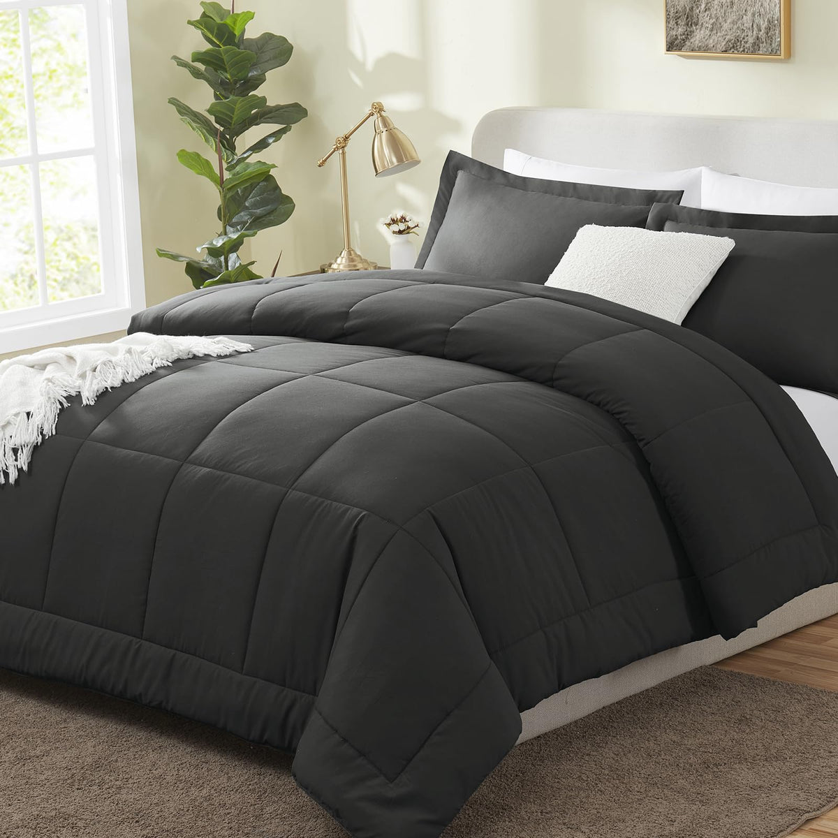 Cozylux Queen Size Comforter Sets - Dark Grey Comforter Queen Size, 3 Pieces Box Stitched Soft Lightweight Bed Set, All Season Gray Bedding Sets With 1 Down Alternative Comforter And 2 Pillow Shams