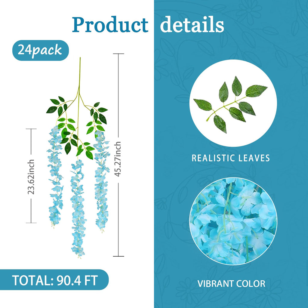 24 Pack Lake Blue Wisteria Hanging Flowers Garland, 3.77 Feet Lake Blue Artificial Wisteria Flower Vines, Fake Lake Blue Wisteri