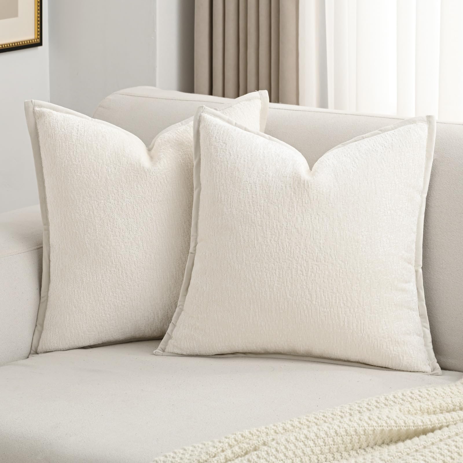 Futei Cream White Chenille Throw Pillow Covers 22X22 Inch Set Of 2,Soft Velvet Cushion Case,Home Decor For Couch Bed Living Room