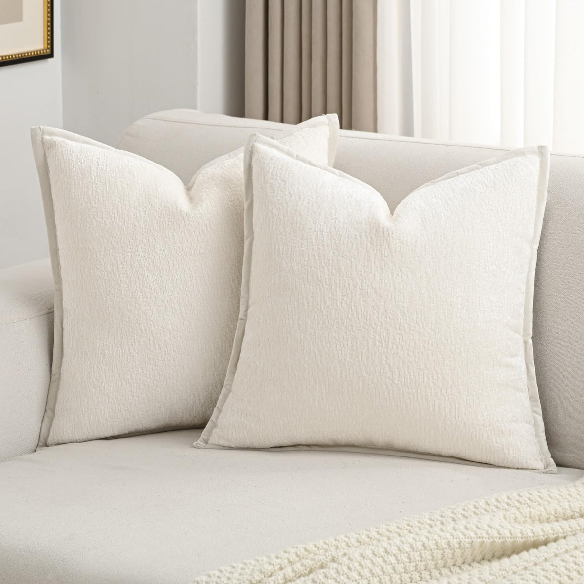 Futei Cream White Chenille Throw Pillow Covers 18X18 Inch Set Of 2,Soft Velvet Cushion Case,Home Decor For Couch Bed Living Room