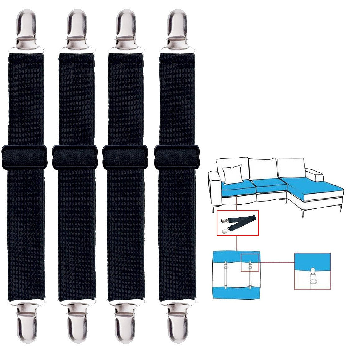 Korlon 4 Pack Adjustable Heavy Duty Bed Sheet Clips, Cover Grippers Suspenders Holder Bed Sheet Fasteners, Fitted Sheet Clips, B