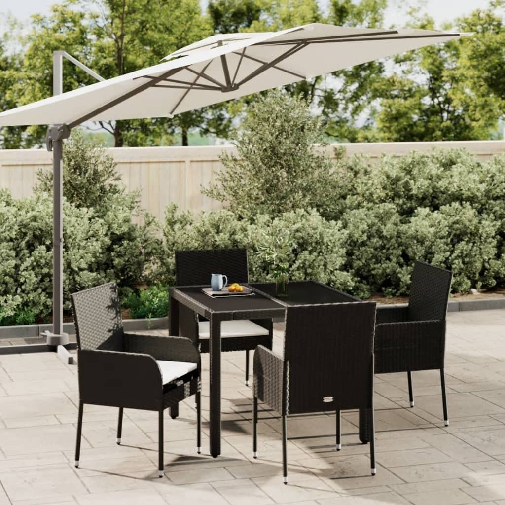 vidaXL Patio Dining Set with Cushions-5 Piece, Black Poly Rattan, Durable Power-Coated Steel Frame, Weather-Resistant, Easy-Clean, Tempered Glass Tabletop