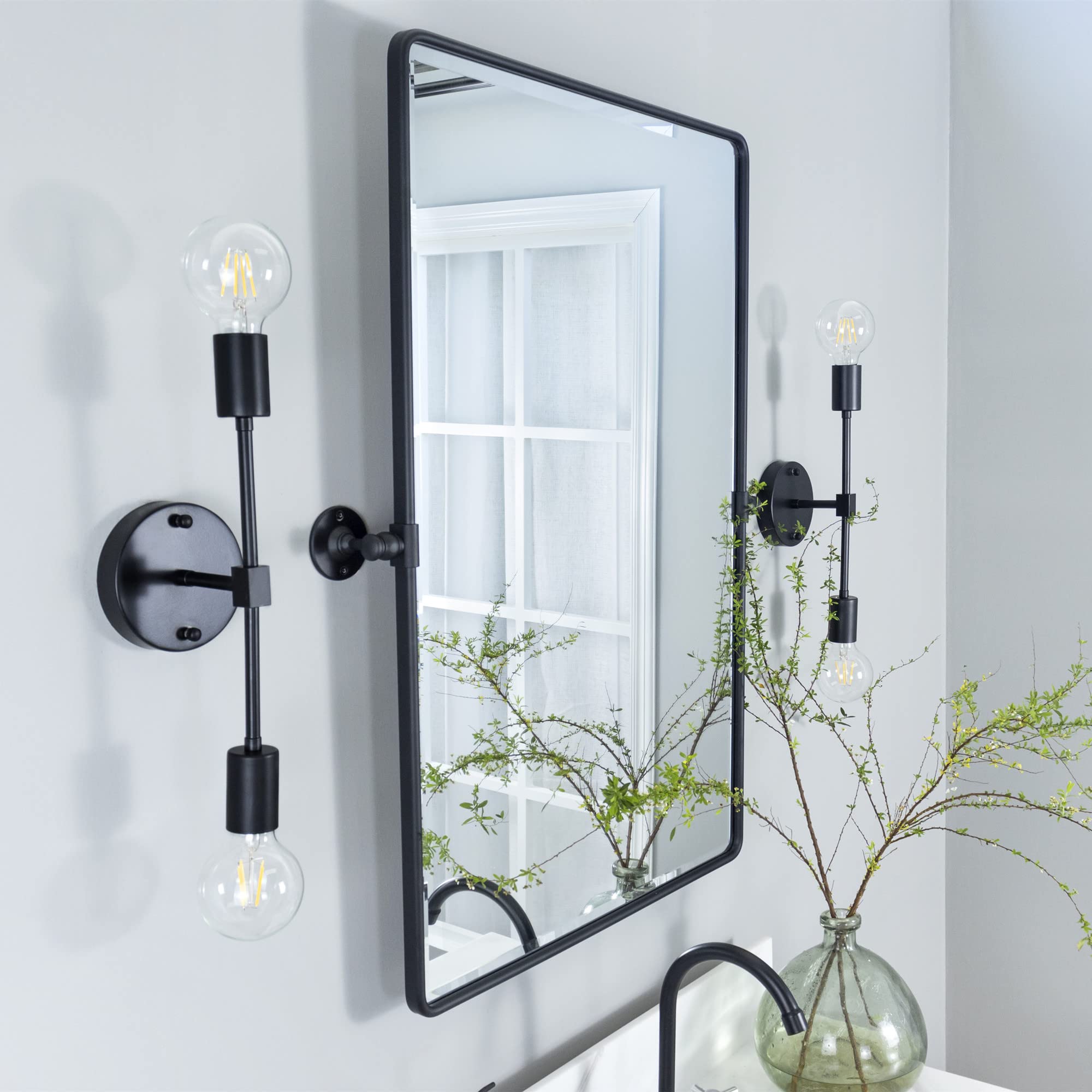 20 X 24  Farmhouse Black Metal Framed Pivot Rectangle Bathroom Mirror Rounded Rectangluar Tilting Beveled Vanity Mirrors For Wal