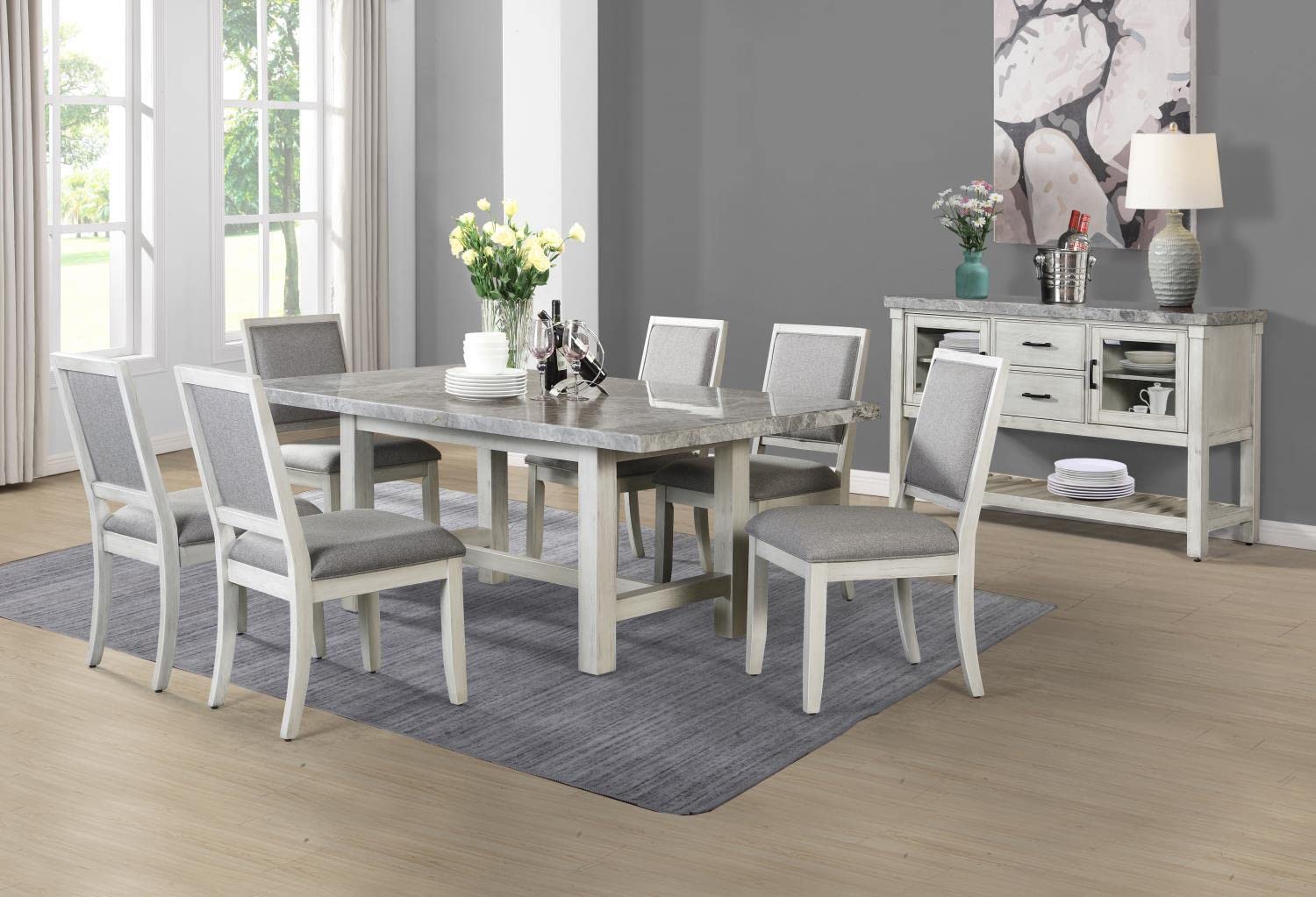 Steve Silver Co Gray Marble Top Dining, Pine Solids, Antique White Finish, Cross Stretchers, Primitive Styling Table