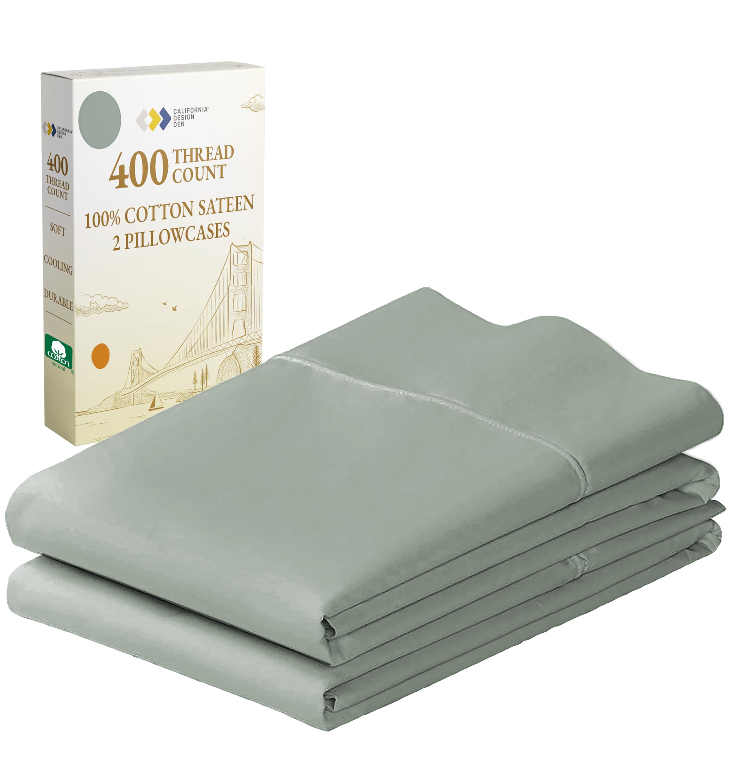 California Design Den 100% Cotton Pillowcases, Pillow Case Set Of 2, Fits Standard & Queen Pillows, Luxury 400 Thread Count Sateen Pillowcases, Match With Our 400 Thread Count Sheets (Sage Green)