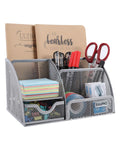 Easypag Mesh Desk Organizer Multi-Functional Office Supplies Stationery Caddy Pen Holder With 6 Compartments And 1 Drawer,Silver