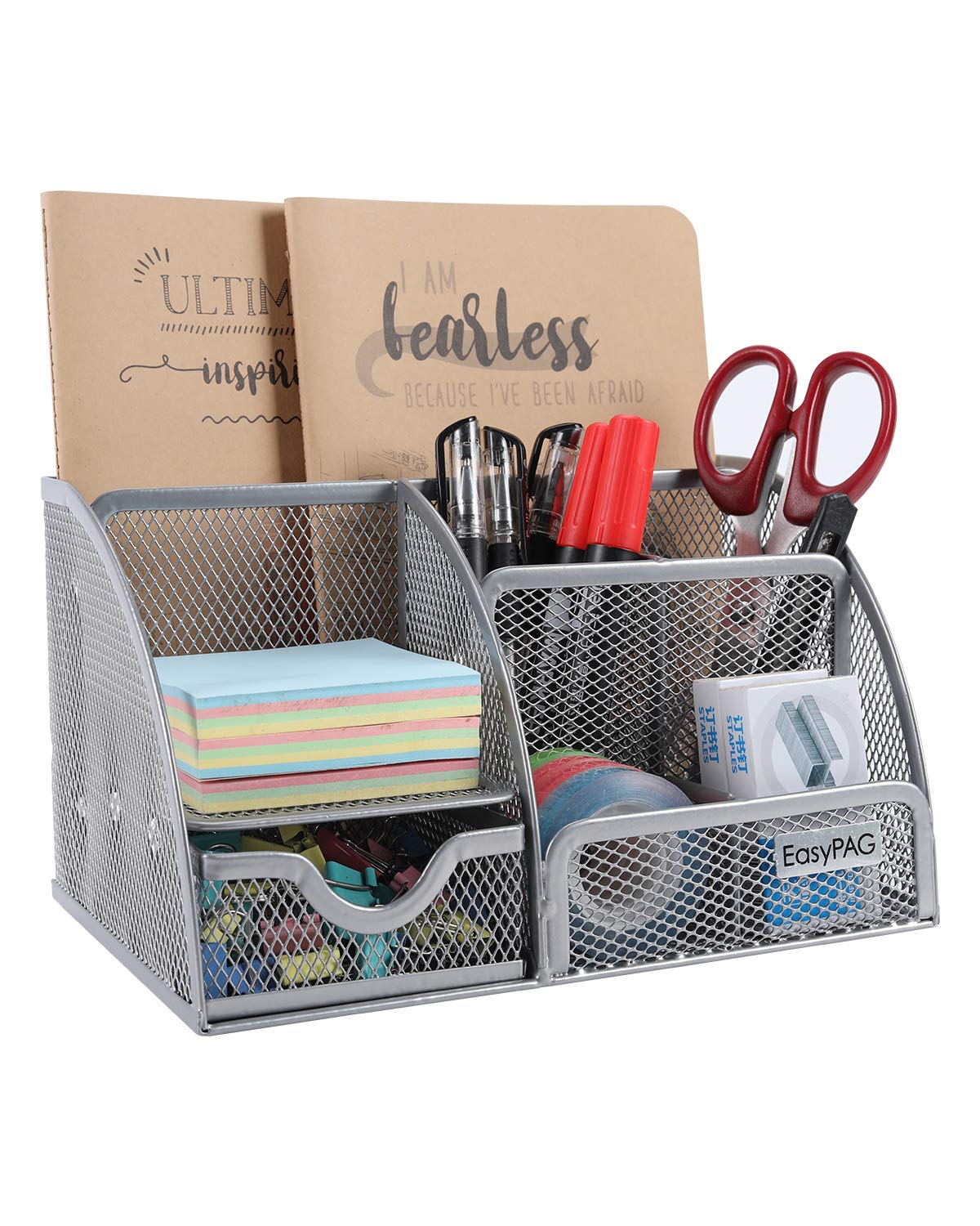 Easypag Mesh Desk Organizer Multi-Functional Office Supplies Stationery Caddy Pen Holder With 6 Compartments And 1 Drawer,Silver