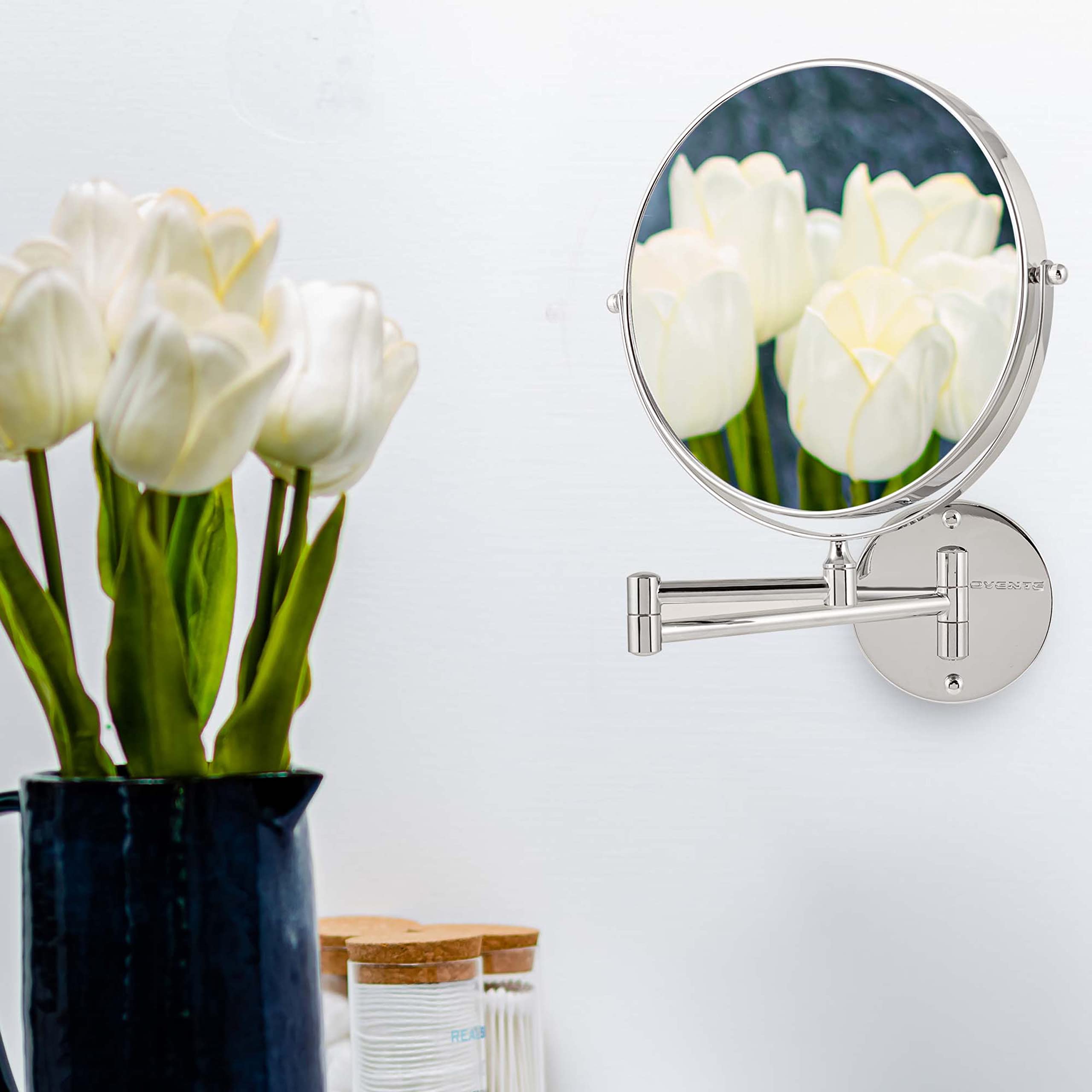 Ovente 9' Wall Mounted Makeup Mirror - 1X/ 10X Magnification, Rotating 360-Degree, Double-Sided, Extendable & Folding Arm, Clea