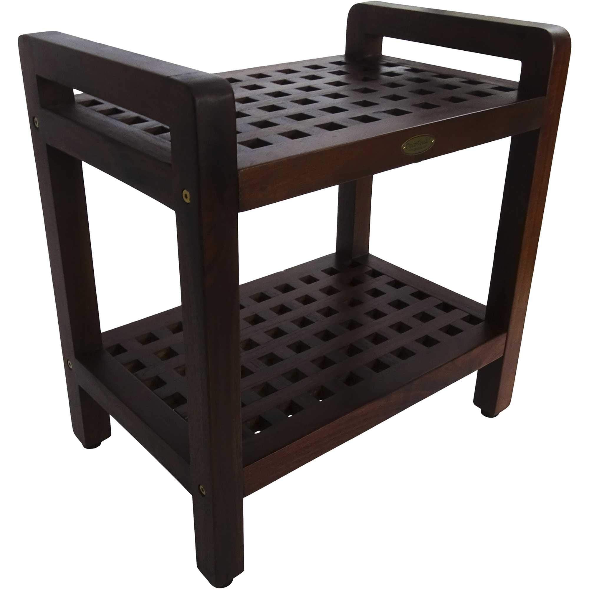 HomeRoots Teak Lattice Pattern Shower Stool with Shelf and Handles in Brown Finish
