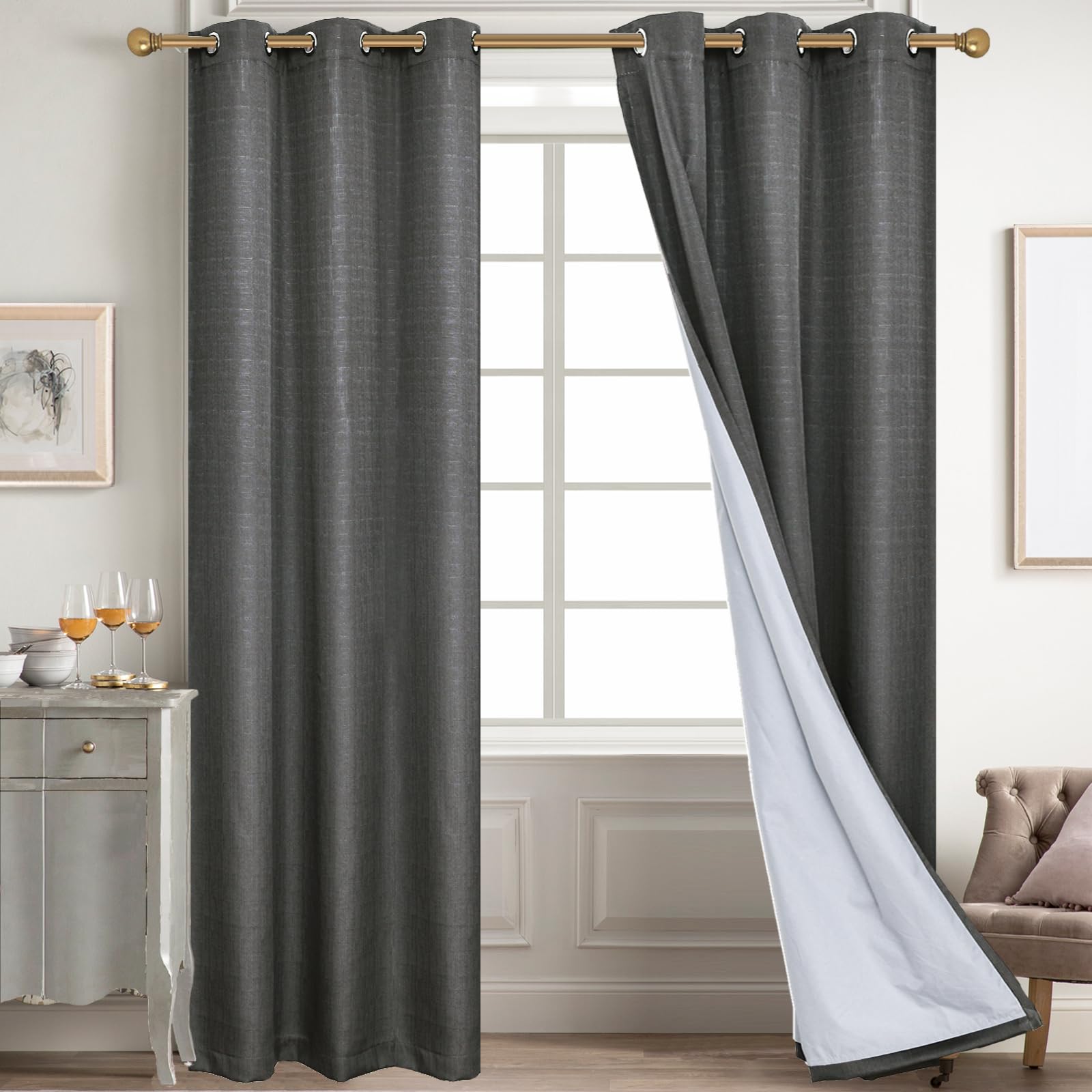Diraysid 100% Blackout Curtains Dark Grey Linen Curtains For Bedroom Grommet Thermal Insulated Room Darkening Drapes (2 Panels,