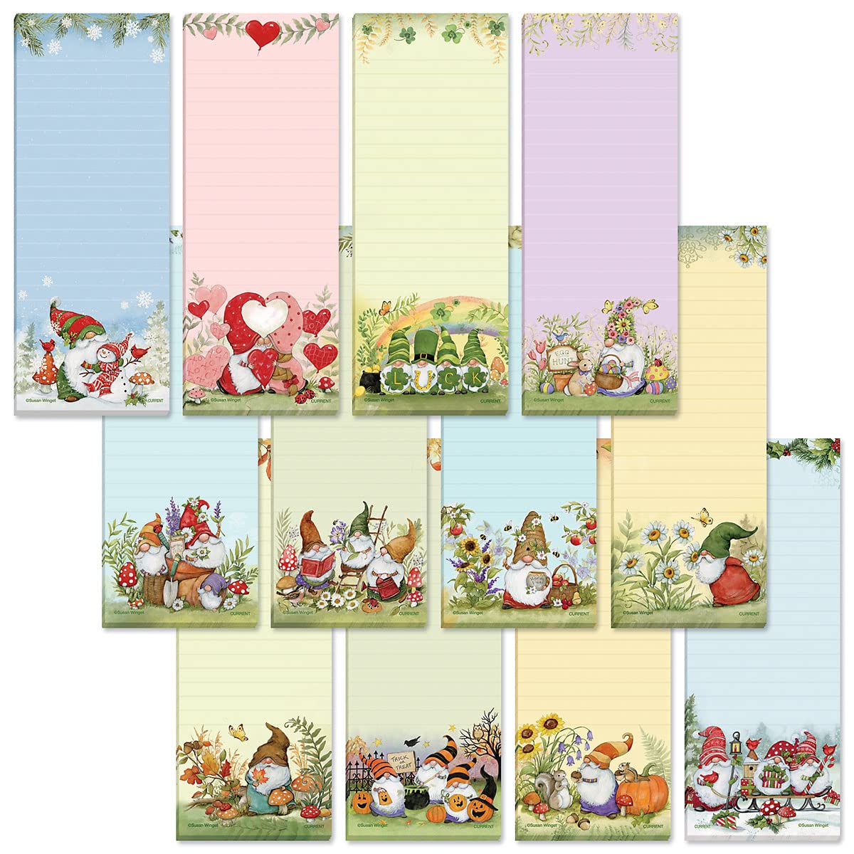 Current Seasonal Holiday Gnomes Magnetic Notepad Set - Set Of 12 Mini Memo Pads, 30-Sheet Pads, 2 X 6 Inches, Easter, Christmas,