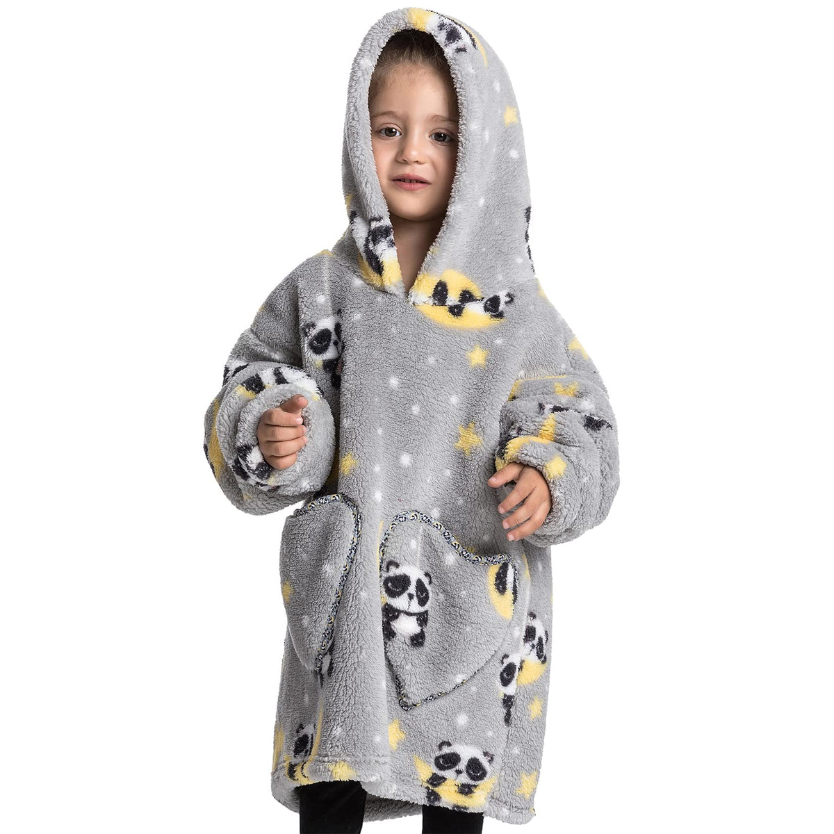 Wearable Blanket Hoodie For Kids Toddler Oversized Sweatshirt Cute Fleece Sherpa Blanket Girls Boys Grey Panda 2-5 Year