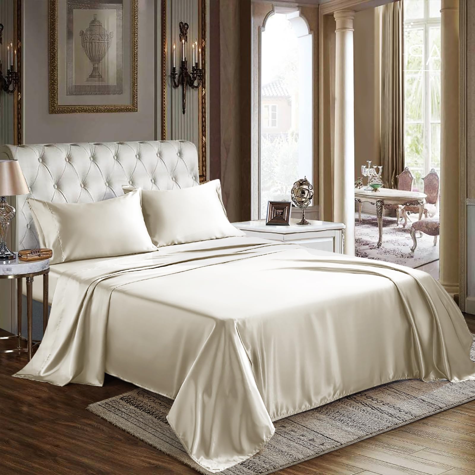 Cozylux Satin Sheets Full Size - 4 Piece Beige Bed Sheet Set With Silky Microfiber, 1 Deep Pocket Fitted Sheet, 1 Flat Sheet, An