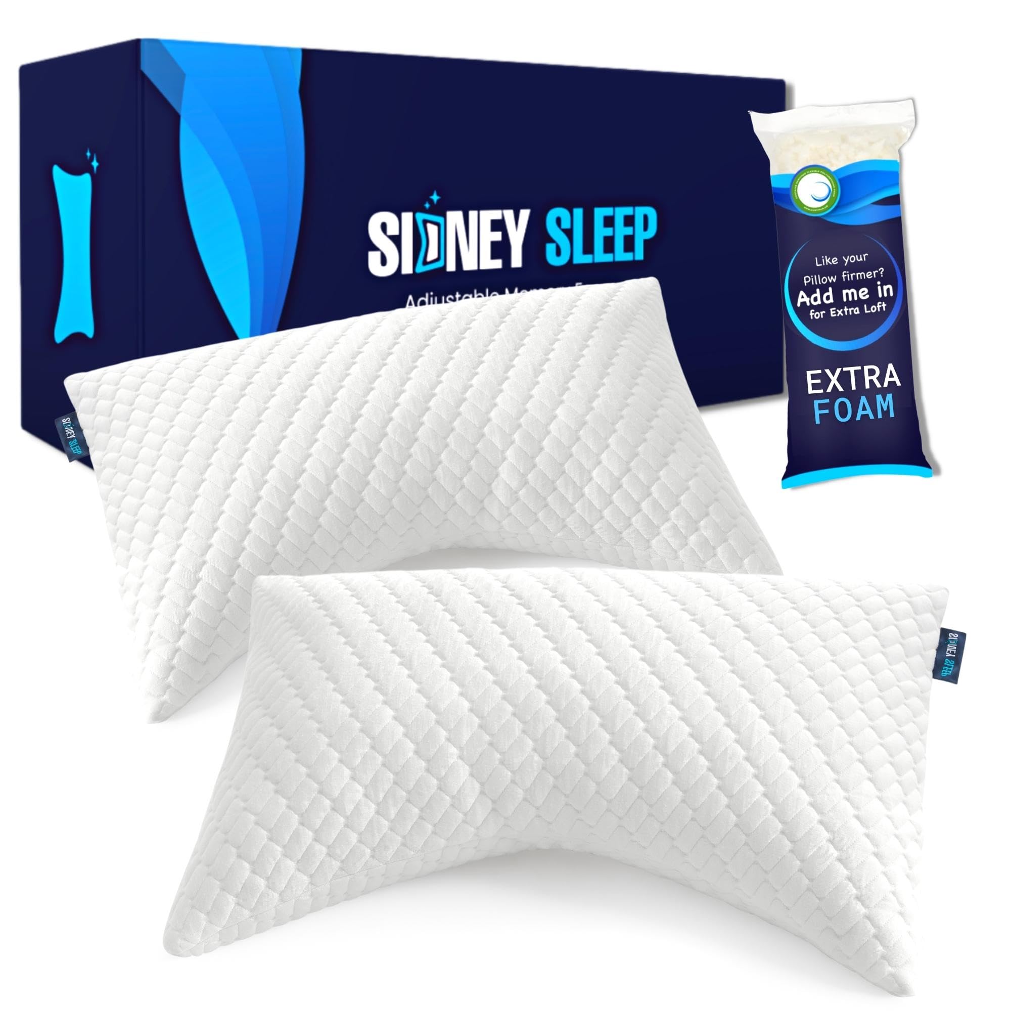 Sidney Sleep Set Of 2 Queen Size Bed Pillows For Side And Back Sleepers - Adjustable Filling - Memory Foam Pillows For Neck And